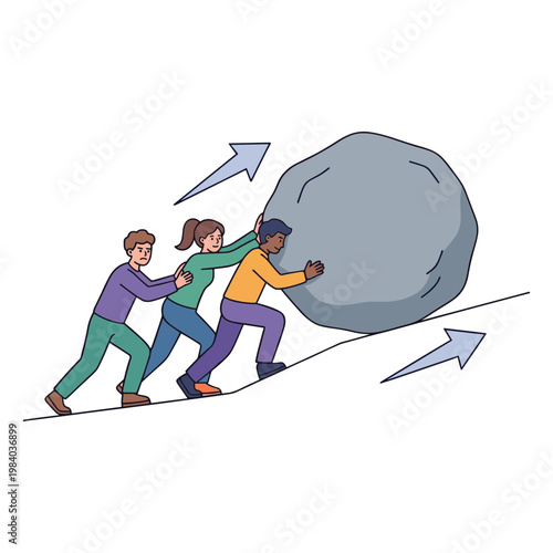 Three people pushing a large boulder up a steep incline together