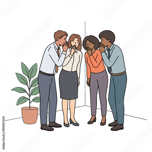 Four diverse office workers stand together whispering secrets in a modern indoor setting.