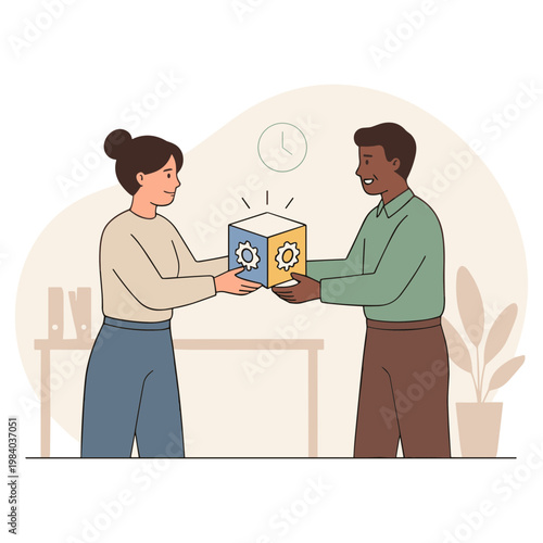 Two people exchanging boxes in an office setting with a clock