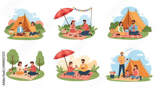 Collection of illustrations showing various families and couples enjoying outdoor picnics and camping trips in the nature on a sunny day.