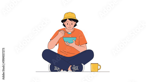 Young man sits comfortably on the floor while enjoying a simple meal of rice from a bowl in a minimalistic flat illustration.