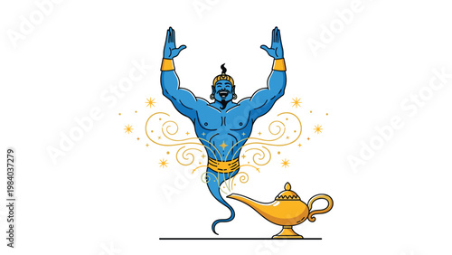 Powerful blue genie emerges from a golden magic lamp amidst sparkling stars and mystical golden swirls in a fantasy illustration.
