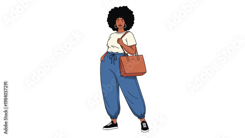 Stylish Black woman with a large afro hairstyle stands confidently holding a brown leather tote bag while wearing casual blue pants.