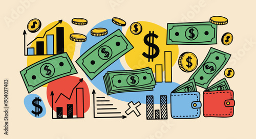 A financial illustration depicts money, coins, and wallets with graphs and charts.