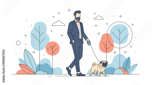 Elegant man in a tailored blue suit and bowtie walks his cute pug dog through a stylized park filled with colorful trees and shapes.