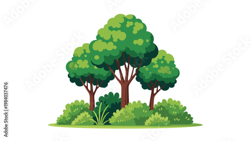 Group of three vibrant green deciduous trees stands together on a small patch of grass surrounded by lush bushes and shrubs.