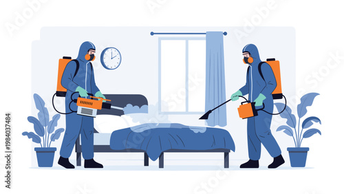 Two pest control professionals in blue hazmat suits and masks use sprayers to disinfect a bedroom with clouds of white mist.
