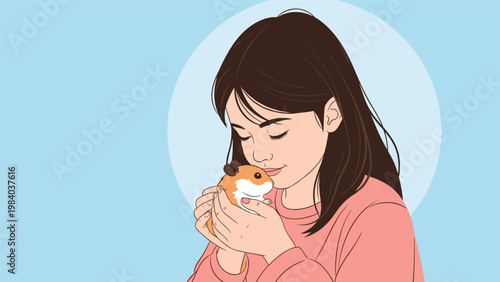 Gentle young girl with long dark hair holds a small pet hamster close to her face with a soft and loving expression.
