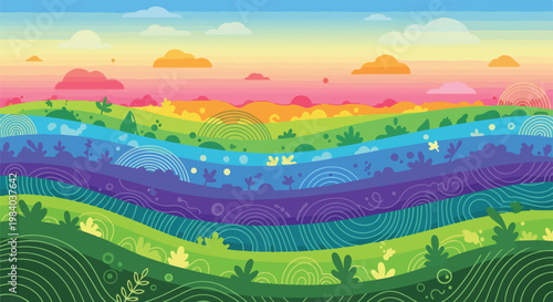 Vibrant colorful layered landscape illustration.