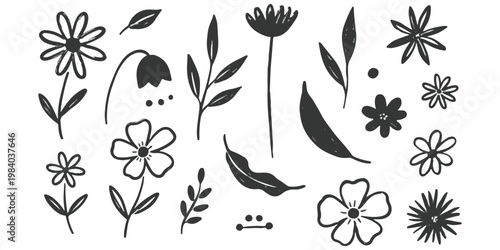 A curated collection of hand drawn floral elements featuring various blossoms and leaves for art