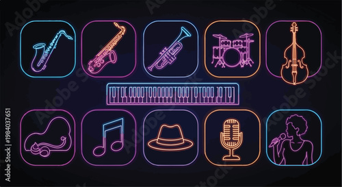 neon glow jazz icon set vector, 9 icons in rounded square dark background, vibrant gradients, cyberpunk UI style, high contrast