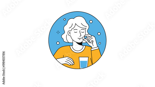 Woman in an orange sweater takes a small blue pill with a glass of water against a blue circular background in a medical concept.