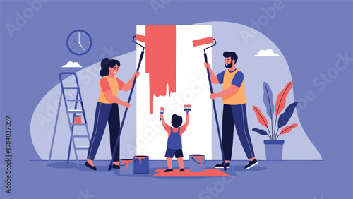 Happy family including a father, mother, and young child work together to paint a wall with a bright red paint roller and brushes.