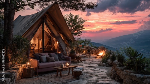 Glamping in the mountain with crackling fireplace and stunning panoramic views of pristine nature in luxury tent accommodation