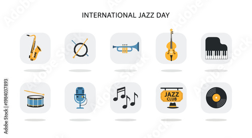 International Jazz Day minimal icon set, 9 simple icons in rounded squares, flat design, clean white background, soft shadow, modern UI kit style
