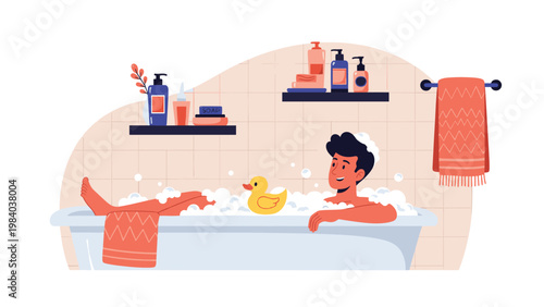 Man relaxes happily in a large bathtub full of white soap bubbles with a yellow rubber duck floating next to him in a bathroom.