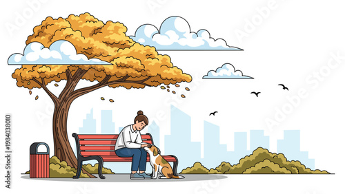 Young woman sits on a red park bench and lovingly pets her dog under a large tree with golden autumn leaves in a city park.