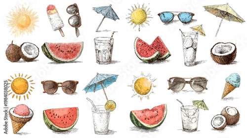 Watercolor summer beach collection with sunglasses, drinks, watermelon, coconut and sun elements, ideal for vacation design, posters, invitations and tropical themes.