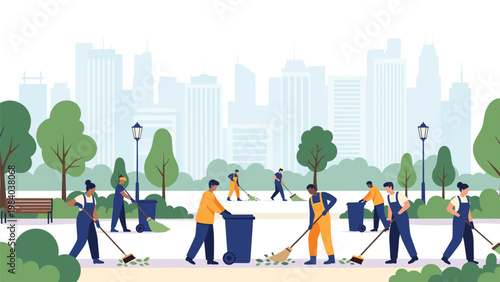 Large group of volunteers works together to clean a city park using brooms and bins with a cityscape background in a community effort.