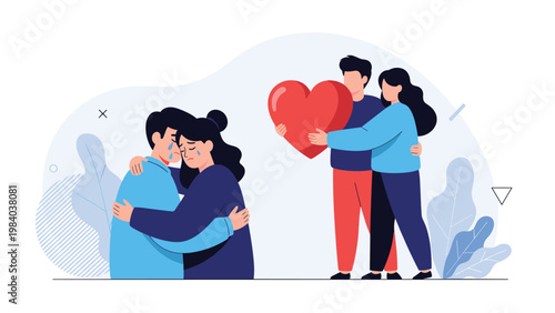 One couple embraces and cries while another couple nearby holds a large red heart representing different stages of relationships.