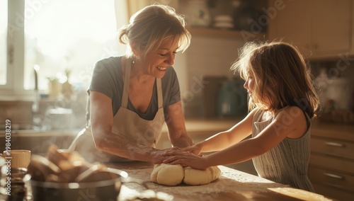 Mother and Daughter Baking Together in a Sunlit Kitchen.