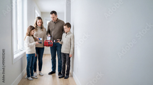 Family holding flashlights around emergency radio during home power outage showing household preparedness blackout safety crisis response togetherness resilience indoor shelter planning concept
