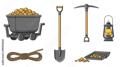 Essential gold mining equipment including a heavy ore cart, pickaxe, shovel, oil lantern, coiled rope, and pan filled with raw golden nuggets.