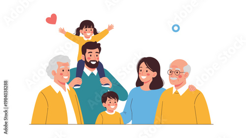 Happy multi-generational family stands together smiling with grandparents, parents, a young boy, and a small girl sitting on her father shoulders.