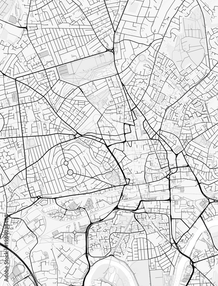 Naklejka premium Nottingham City Map. Minimalist black and white line art poster for printing, wallpaper, wall art, and map resources for home and office decor