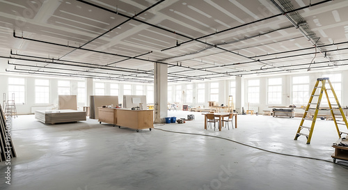 Interior of a large, unfinished commercial space with exposed ceilings and construction equipment, ready for renovation and customization