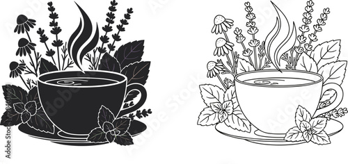 Hot herbal tea cup with mint and lavender leaves vector set