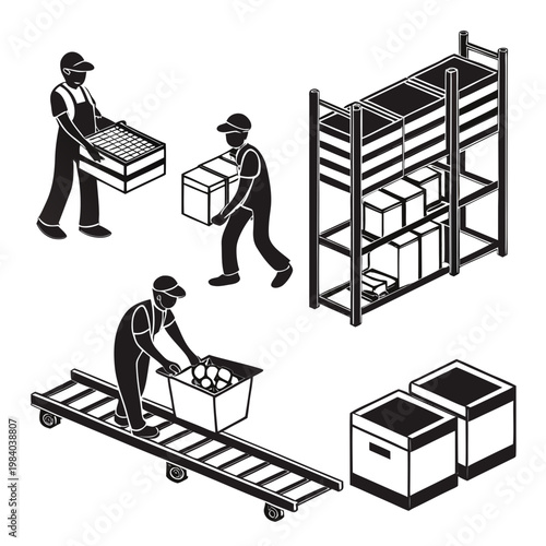 A black and white vector graphic illustration of workers handling boxes and shelving units in a warehouse setting