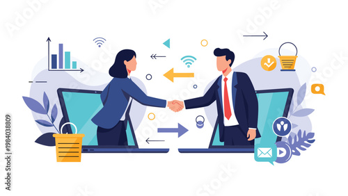 Business man and woman shake hands through their laptop screens to represent a successful digital deal, partnership, or remote collaboration.