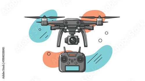 Modern black surveillance drone with a high resolution camera hovering above its dedicated remote control unit with dual joysticks and a screen.