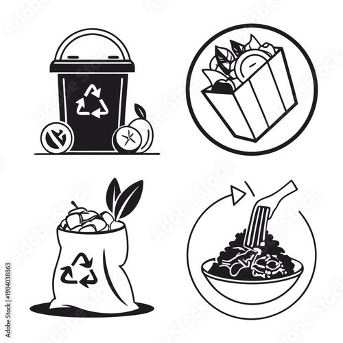 A set of black and white vector graphics illustrating recycling and composting concepts with icons of a trash can, food waste, and organic materials.
