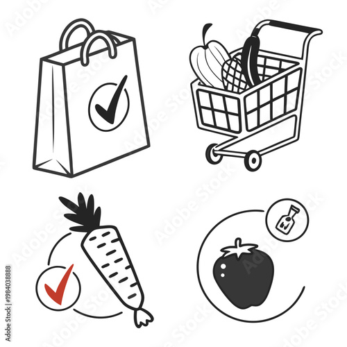 A set of vector icons depicting grocery shopping items and healthy food