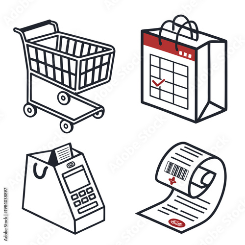 A set of vector icons depicting shopping cart, calendar, payment terminal, and receipt