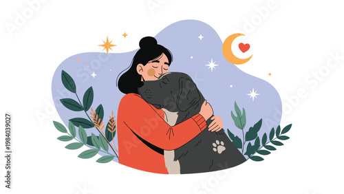 Compassionate young woman closes her eyes as she shares a deep and affectionate hug with her large black and white pet dog under a starry night sky.