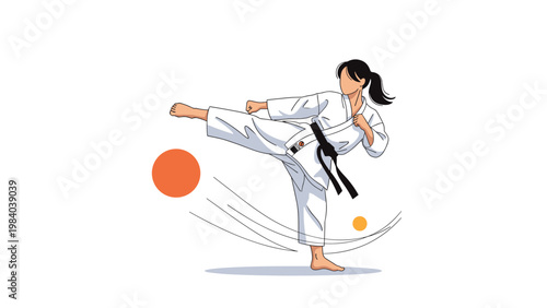 Focused female martial artist wearing a white karate gi and black belt performs a powerful high kick with perfect form and balance.