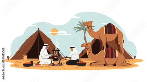 Two men in traditional Arabic attire cook over an open fire at a desert campsite while their two camels rest nearby under the warm evening sun.