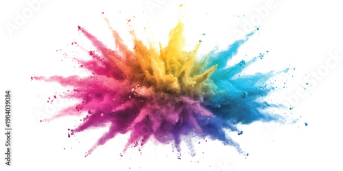 A vibrant explosion of colorful powder particles captured mid-air against a clean white background