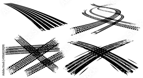 Tire tread marks after skidding, launch, drift, powerslide in motorsport, rally, off-road, motocross. Wheel texture with splash effect. Vector, transparent background SVG version.