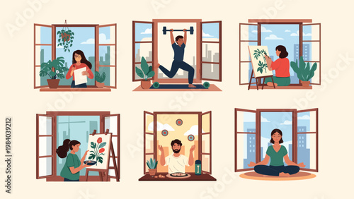 Collection of scenes looking through windows at people engaging in various home activities like painting, weightlifting, juggling, and practicing yoga.