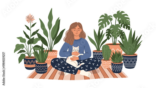 Peaceful woman sits cross legged on a rug while surrounded by many lush indoor plants and hugging her white pet cat in a tranquil home environment.