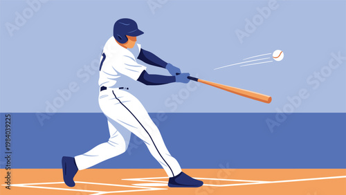 Professional baseball player in a white and blue uniform swings his bat with power to hit a fast moving ball during a competitive game on the field.