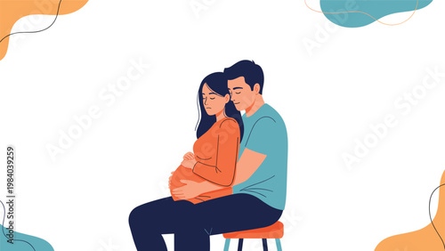 Loving husband sits behind his pregnant wife and gently places his hands on her belly as they share a quiet moment of connection and anticipation.