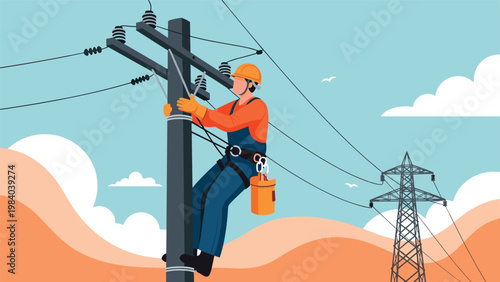 Professional electrician wearing a safety helmet and harness climbs a utility pole to repair or maintain high voltage power lines in a rural area.