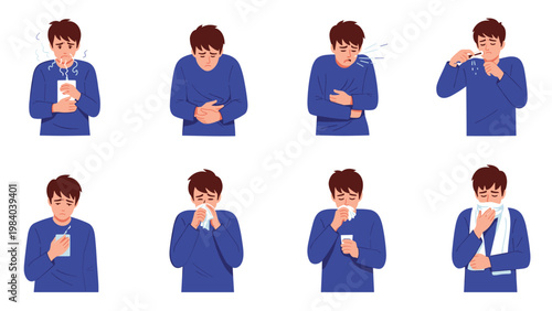 Diverse set of illustrations depicting a young man experiencing various symptoms of illness including fever, cough, and stomach pain.