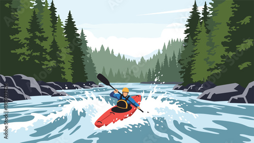 Adventurous kayaker navigates through white water rapids in a red kayak on a river flowing through a dense forest of evergreen pine trees.