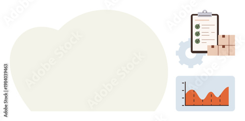 Supply chain, logistics, data analytics, business operations, performance tracking, inventory management. Clipboard with checklist, packages gear and graph. Logistics and data analytics concepts